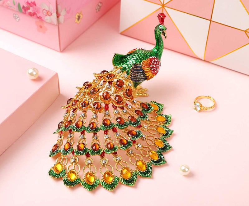 Furuida Peacock Trinket Boxes Hinged Enameled Jewelry Box Hand-Painted Animals Ornaments Craft Gift for Home Decor (Green) - Image 5